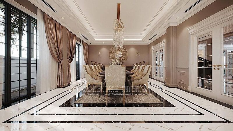 Thiết kế phòng ăn biệt thự đẹp với bộ bàn ăn tân cổ điển tạo điểm nhấn nổi bật, cuốn hút mọi ánh nhìn thiết kế biệt thự