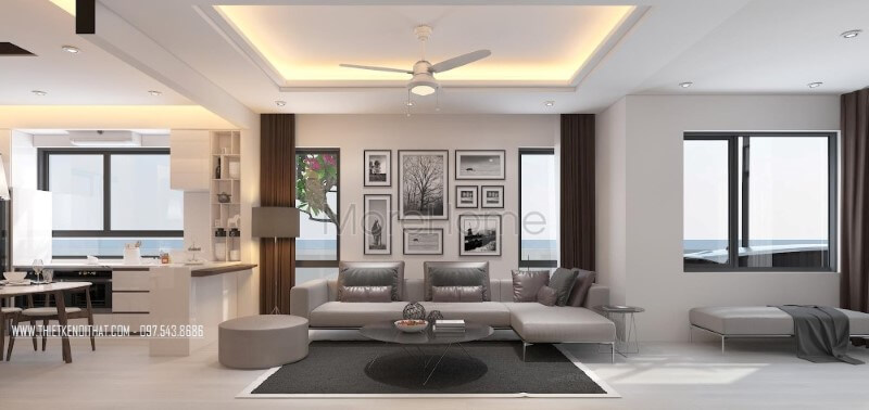 Phòng khách hiện đại, độc đáo với ý tưởng trang trí tranh treo tường làm điểm nhấn kết hợp cùng sofa góc hiện đại tạo nên nét độc đáo, sang trọng. Thiết kế biệt thự