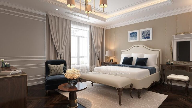 Trang trí nội thất phòng ngủ tân cổ điển đẹp, sang trọng nổi bật với sắc trắng điểm nhấn từ bộ đôn, giường bọc nệm gỗ óc chó tự nhiên. thiết kế biệt thự