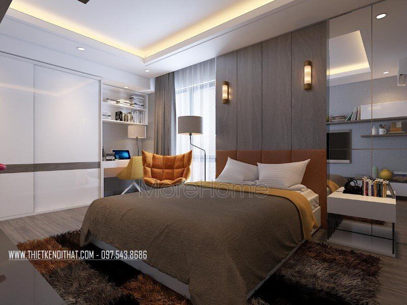 Căn hộ chung cư được trang trí nội thất với phong cách thanh thoát, để tạo sự thoải mái và sang trọng hơn, chất liệu gỗ công nghiệp cao cấp An Cường được sử dụng.